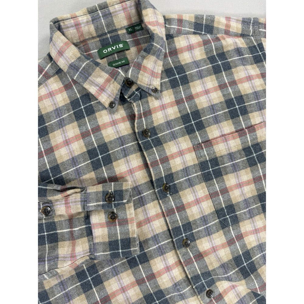 Orvis Shirt Men's XL Tan Classic Fit Flannel Plaid Long Sleeve Cotton Outdoor